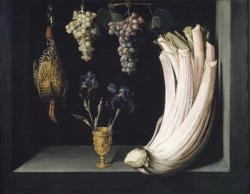 Still Life with Cardoon, Francolin, Grapes and Irises, 1628, Felipe Ramírez