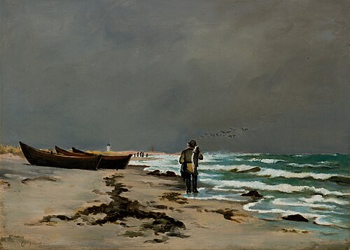 Sønderstrand med Hvide fyr og tre både, 1882, Oscar Herschend