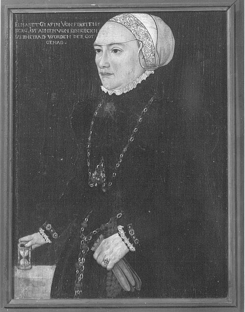 Bildnis Elisabeth Gräfin von Fürstenberg Rückseite: ausgeblichenes Wappen, 1550, Hans Schöpfer il Vecchio