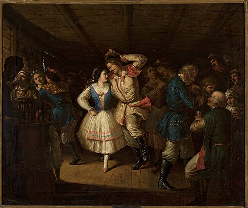 Krakowiak dance in an inn., 1851, Władysław Bakałowicz
