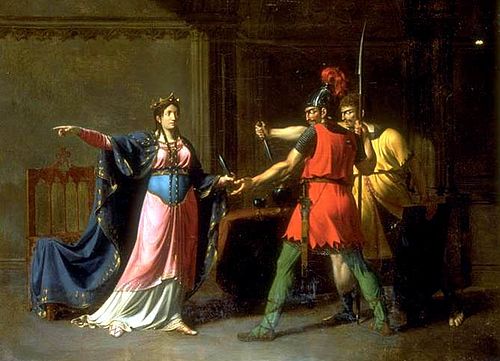 Frédégonde distribuant des poignards à deux assassins, 1850, Emmanuel Herman Joseph Wallet