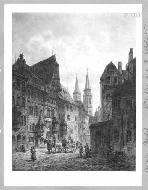 Straße mit alten Häusern und Kirche im Hintergrund, 1880, Christian Strobel