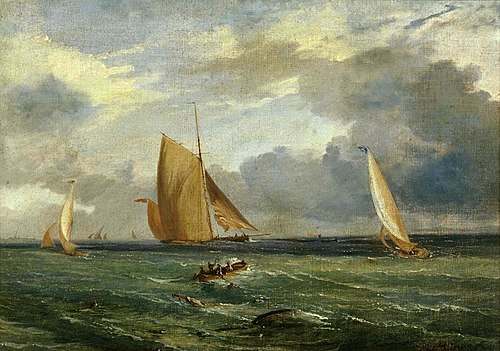 Bateaux en régate et scène de pêche au large du cap d'Antibes, 1900, Dominique Trachel