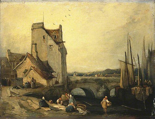 View in Brittany: Bridge, Cottages and Washerwomen, 1823, Richard Parkes Bonington
