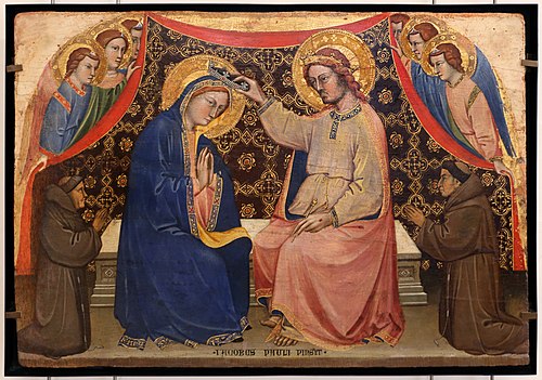 Le Couronnement de la Vierge avec six anges et deux franciscains donateurs (?)., 1407, Jacopo di Paolo