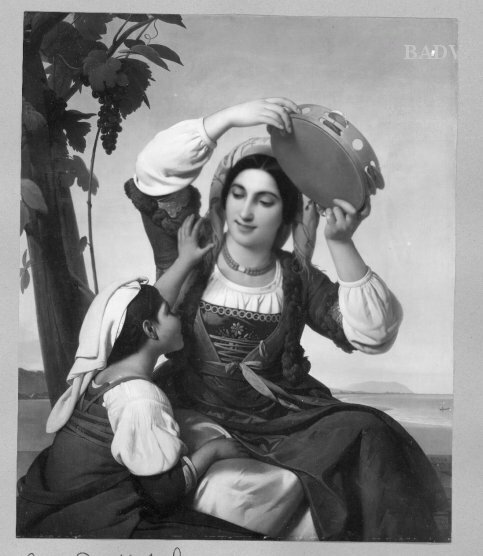 young italian woman with tambourin + girl, 1845, Jan Baptist Lodewyck Maes