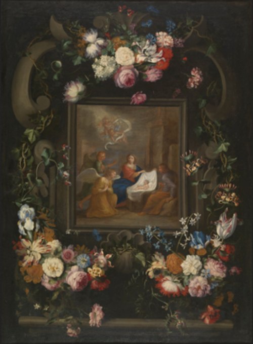 Garland of flowers around a scene of the birth of Christ, 1650, Jan Peeter Brueghel