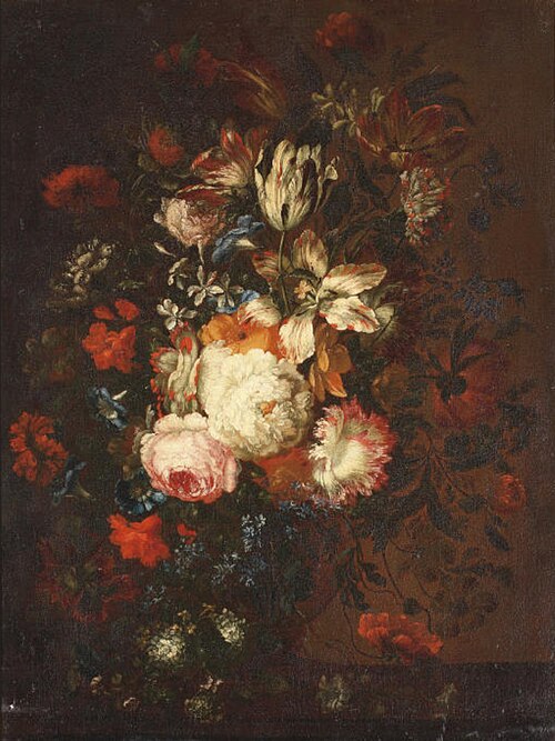 Roses, tulips, violets and other flowers in a glass vase on a wooden ledge, 1650, Jan Peeter Brueghel