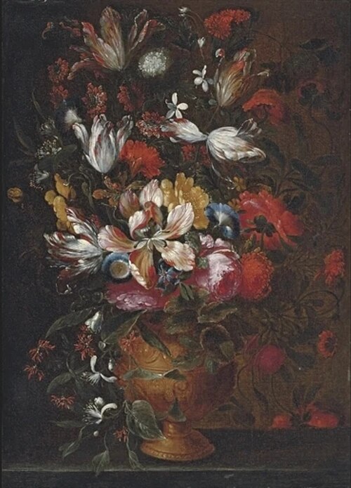 Roses, tulips, irises and other flowers in a bronze urn on a stone ledge, 1650, Jan Peeter Brueghel