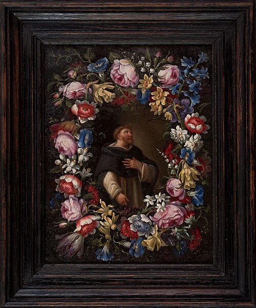 Monk in a flower wreath, 1650, Jan Peeter Brueghel