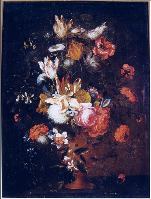 Flower piece in a metal vase on a base, 1666, Jan Peeter Brueghel