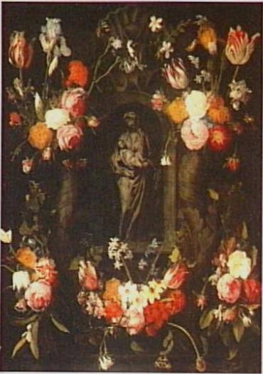 Garland of flowers around grisaille of Maria and Child, 1660, Jan Philips van Thielen