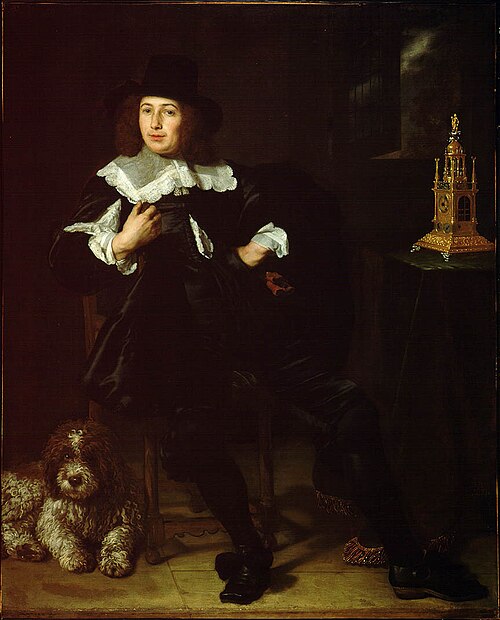 Portrait of a man, possibly Joan Hulft (1610-1677), with a dog, seated at a table with a clock, 1644, Bartholomeus van der Helst