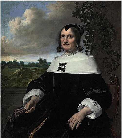 Portrait of a lady, probably Hester du Pire, seated before a balustrade, holding a fan, with a view , 1655, Bartholomeus van der Helst