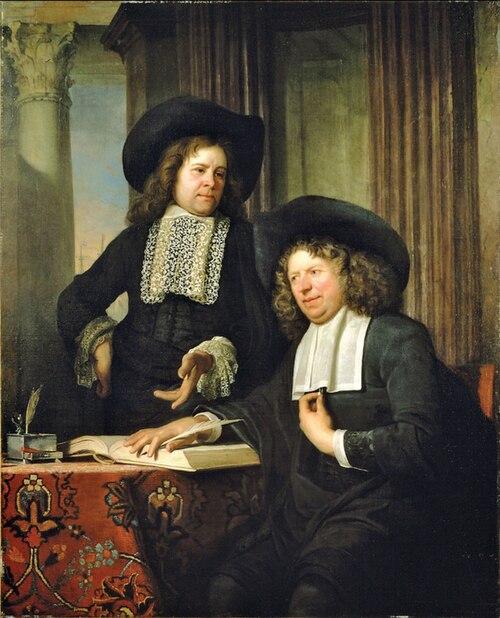 Portrait of two men by a table with books and writing tools, 1680, Bartholomeus van der Helst