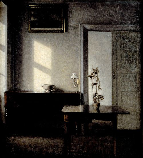 Interior with potted plant on card table, Bredgade 25, 1910, Vilhelm Hammershøi