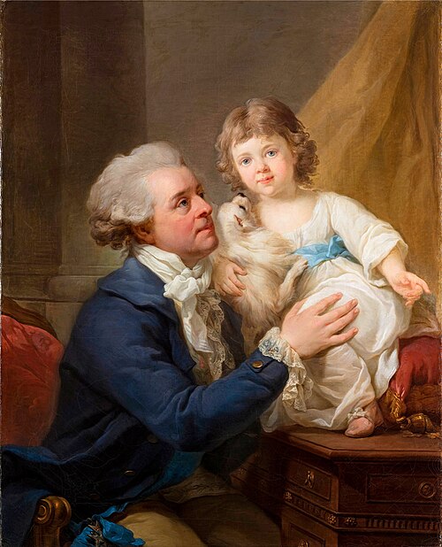 Portret Michała Jerzego Mniszcha z córką Elżbietą i psem Kiopkiem, 1795, Marcello Bacciarelli