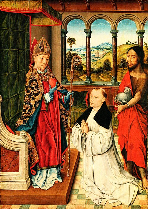 H. Johannes de Doper beveelt een stichter aan bij de H. Augustinus, 1500, Albert Bouts