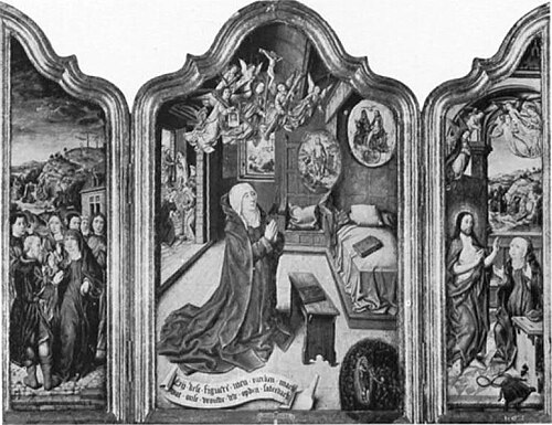 Maria met volgelingen met op de achtergrond Golgotha en het gesloten graf van Christus (linkerluik);, 1500, Albert Bouts
