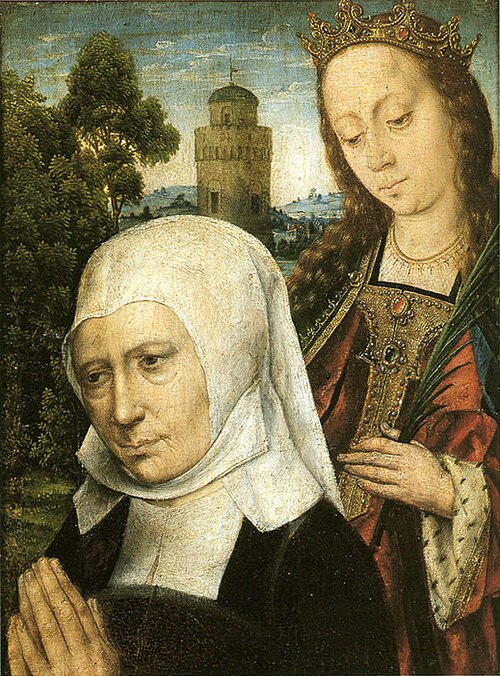 Volet d'un triptyque. Volet droit : Donatrice présentée par sainte Barbe, 1495, Albert Bouts