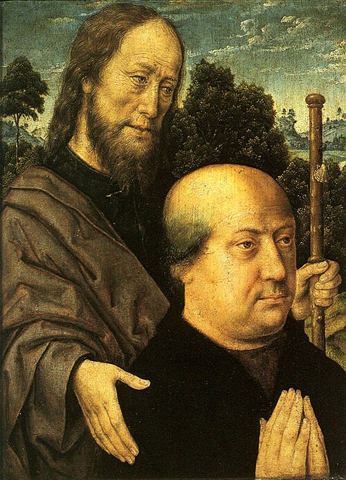 Volet d'un triptyque. Volet gauche : Donateur présenté par saint Jacques le Majeur, 1495, Albert Bouts