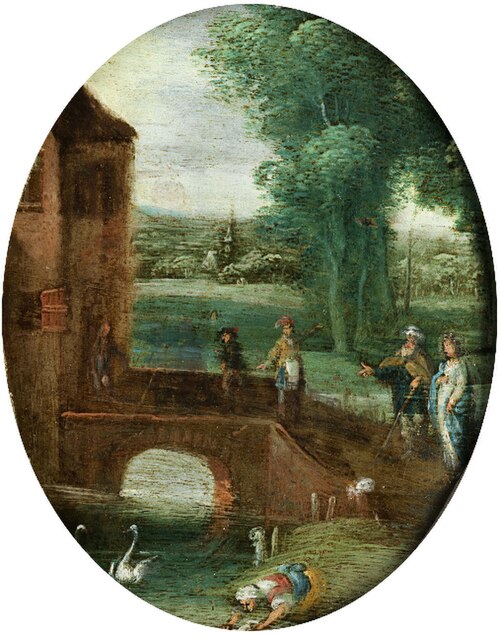 Noble couple in front of the bridge to a house, 1616, Jasper van der Lanen