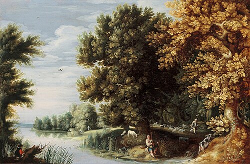 Landscape with bagpipe player, 1616, Jasper van der Lanen