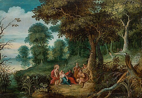 Forest landscape with the judgement of Midas, 1624, Jasper van der Lanen