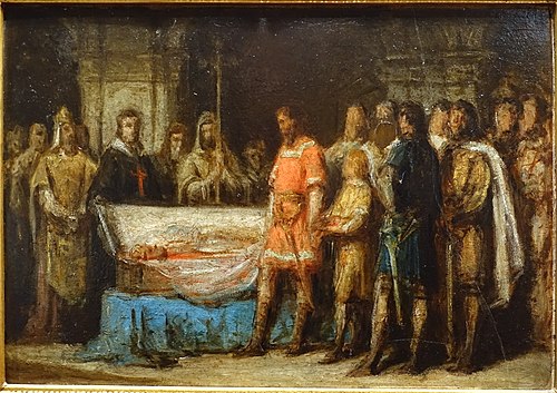 Martim de Freitas verificando na Catedral de Toledo o falecimento do Rei D. Sancho II, 1835, Caetano Costa Lima