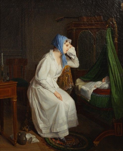Jeune mère regardant son bébé dormant dans son berceau, 1850, Anne-Nicole Voullemier