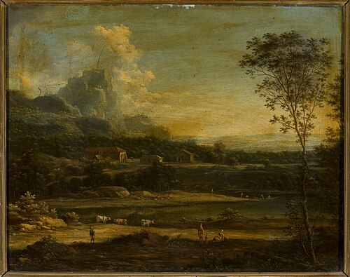 Mountain landscape with a lake and buildings, 1764, Johann Christian Vollerdt