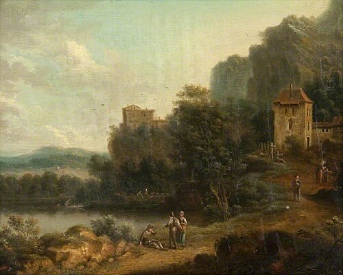 Landscape with Buildings and Figures beside a Lake, , Johann Christian Vollerdt