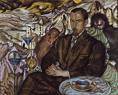 Portrait of Włodzimierz Nawrocki against the background of a landscape composition, 1926, Stanisław Ignacy Witkiewicz