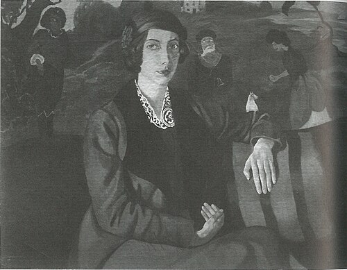Portrait of Eugenia Dunin-Borkowska, with paintings in the background, 1912, Stanisław Ignacy Witkiewicz