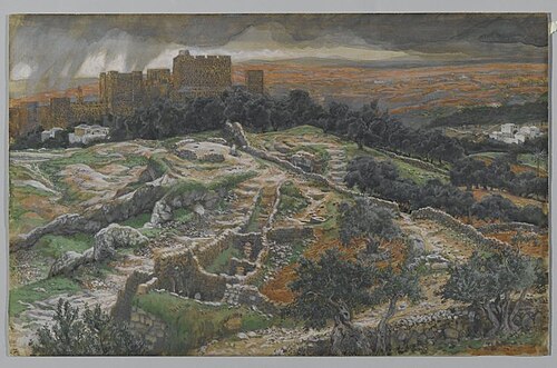 Reconstitution du Golgotha et du Saint-Sépulcre. Vu des murs de la porte judiciare. [Calvaire.], 1890, James Tissot