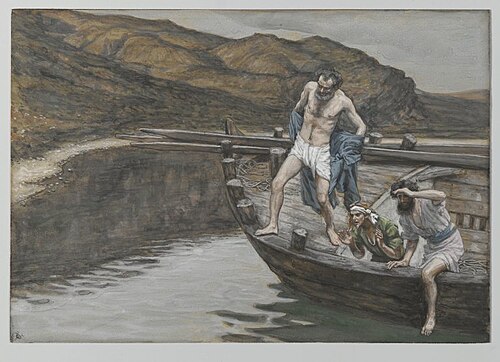 Saint Pierre averti par Saint Jean que le Seigneur est là se jette à l'eau, 1890, James Tissot