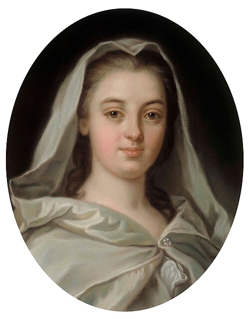Vestan neitsyeksi puetun neiti Charlotta Fredrika Sparren muotokuva, jäljennös Nonotten mukaan, 1900, Amanda Kjellberg