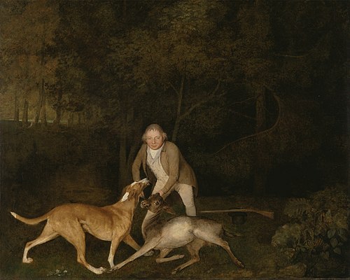 Freeman, the Earl of Clarendon's gamekeeper, with a dying doe and hound, 1800, George Stubbs