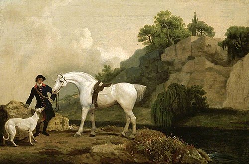 A Grey Hunter with a Groom and a Greyhound at Creswell Crags, 1763, George Stubbs
