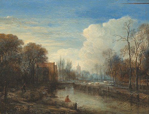 A river landscape, with an angler and sheep on the banks, , Aernout van der Neer