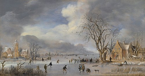 A winter landscape with skaters and kolf players on a frozen river, 1642, Aernout van der Neer