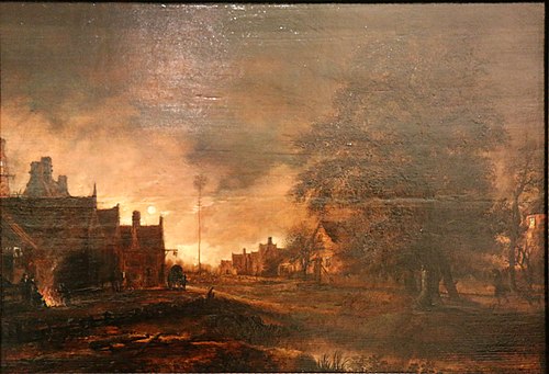 Vue d'un village au clair de lune, , Aernout van der Neer