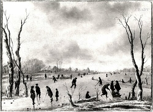 Winterlandschaft mit Schlittschuhläufern und Eishockeyspielern, 1628, Aernout van der Neer
