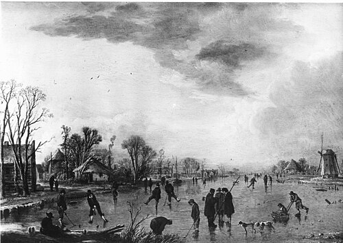 VERVALLEN Winterlandschap met schaatsenrijders,, 1650, Aernout van der Neer