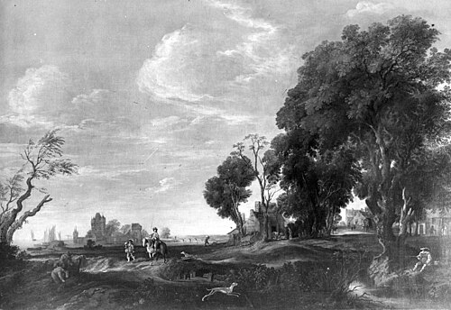 VERVALLEN Landschap met rechts hoge bomen en links een poortstad,, 1650, Aernout van der Neer