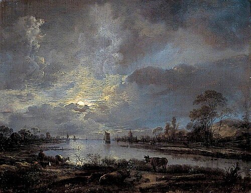 A River Moonlit Scene with Cattle, 1648, Aernout van der Neer