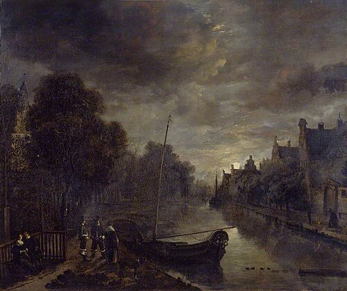 A Canal in a Dutch Town by Moonlight, 1650, Aernout van der Neer