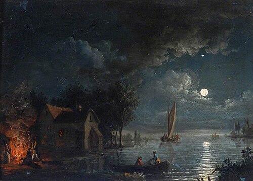 River Scene with a Bonfire, Moonlight, , Aernout van der Neer