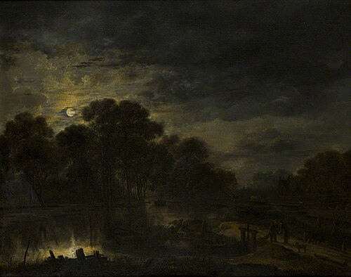 A Moonlit Wooded River Landscape, , Aernout van der Neer
