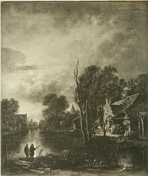 Moonlit landscape with village canal, 1670, Aernout van der Neer